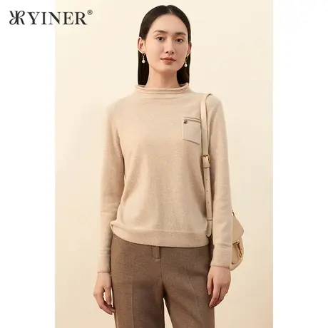 YINER音儿女装2021冬季新款口袋拼接纯羊绒针织衫商品大图