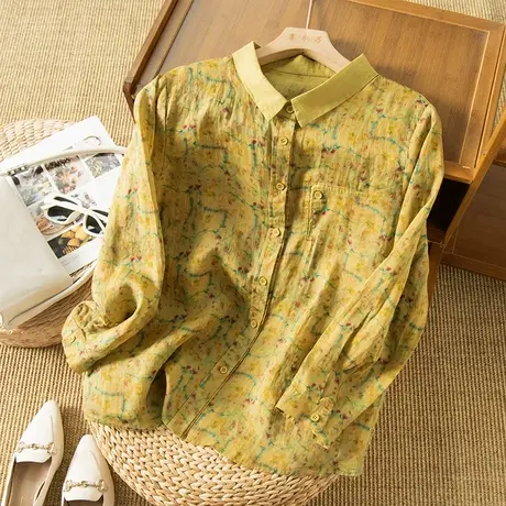 享永子碎花苎麻衬衫女文艺复古宽松棉麻上衣百搭休闲2023春夏新款商品大图