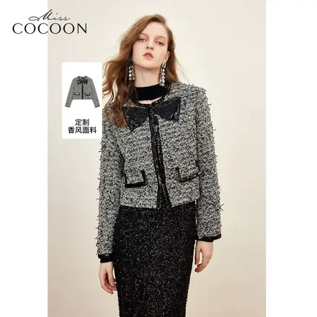 MISSCOCOON法式复古小香风短外套女2023秋季新款亮片蝴蝶结上衣冬图片