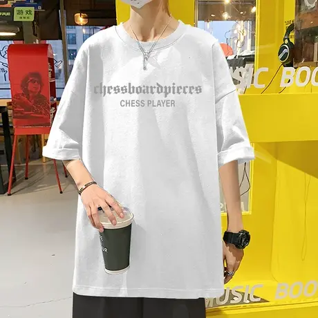 夏季短袖T恤男纯棉潮牌男装大码宽松圆领棋盘格上衣服ins潮流半袖商品大图