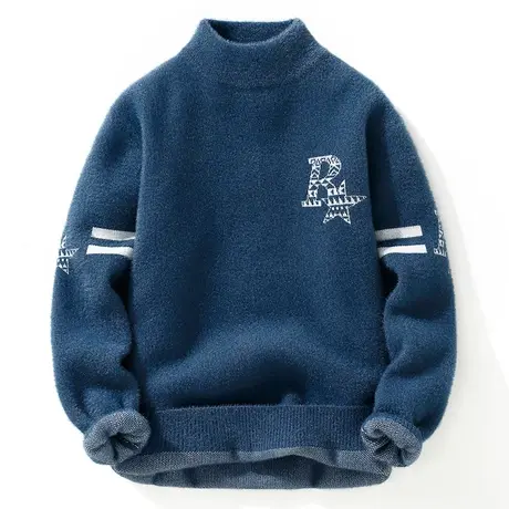 秋冬季水貂绒男毛衣潮流青少年学生提花毛线衣长袖针织打底衫男装商品大图