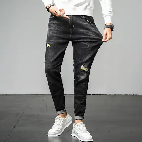 春秋款破洞补丁牛仔裤男士刮烂乞丐裤子高端弹力直筒宽松休闲长裤商品大图