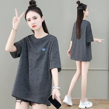 中长款全棉t恤女夏2023新款时尚韩版大码女装宽松遮臀五分袖体恤商品大图