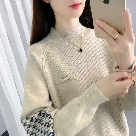 半高领拼色千鸟格提花毛衣女2025春季新款针织打底衫长袖套头加厚商品大图