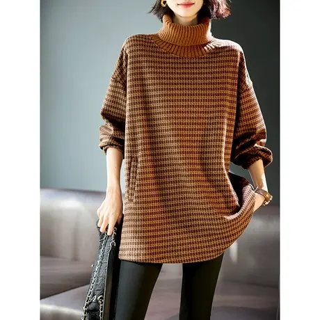 宝诗黎针织拼接高领千鸟格宽松卫衣女长袖2024新款春秋季落肩上衣图片