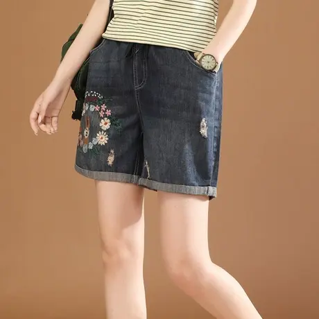 韩潮袭人松紧腰刺绣牛仔短裤热裤女2024夏季新款宽松休闲阔腿裤薄图片