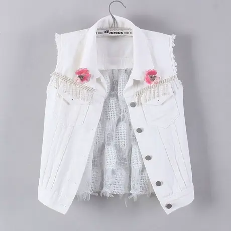 牛仔马甲女短款背心2023春秋新款潮白色无袖外套显瘦外搭蕾丝透视商品大图