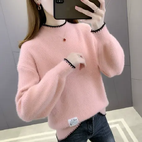 2023秋冬女装新款上衣半高领短款套头粉色宽松水貂绒毛衣女冬加厚商品大图