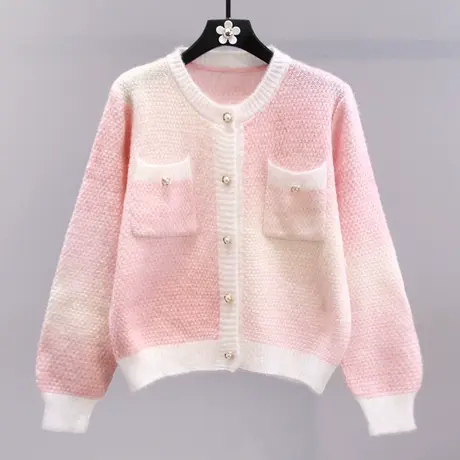 日系彩虹渐变色毛衣外套女秋冬2023新款温柔风甜美短款针织开衫商品大图