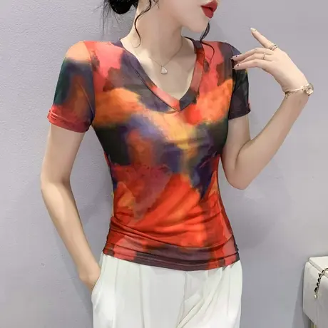 扎染网纱打底衫女短袖2024夏季新款性感V领T恤设计感小众洋气上衣商品大图