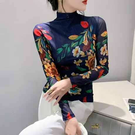半高领打底衫女内搭长袖2024秋季新款网纱印花T恤修身气质上衣ins商品大图