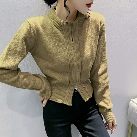 立领拉链针织外套女秋冬2023新款洋气开衫上衣高腰短款毛衣设计感图片