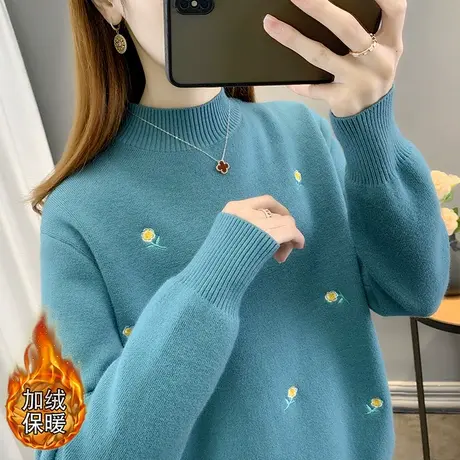 女士半高领加绒毛衣女加厚内搭冬装2023年新款一体绒保暖时尚洋气商品大图