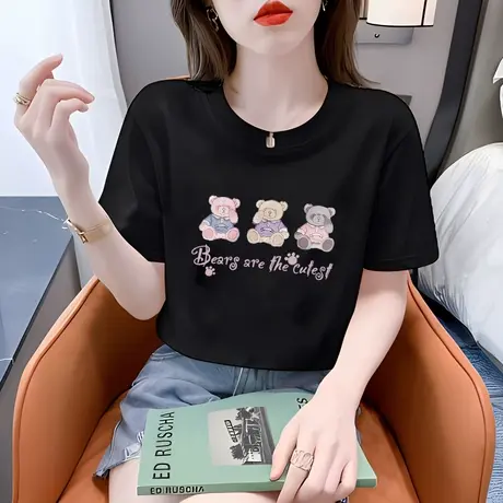 纯棉短袖t恤女装夏季2023新款白色小熊印花宽松半袖正肩上衣ins潮商品大图