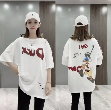 2023欧洲站中长款夏短袖t恤女韩版宽松破洞大版上衣休闲打底衫潮商品大图