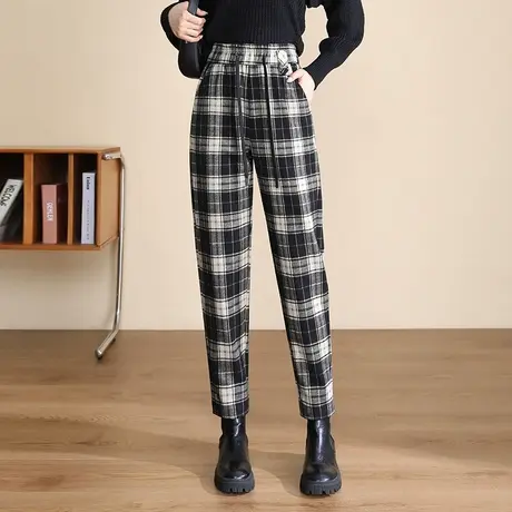 毛呢哈伦格子裤女秋冬2023新款松紧高腰遮胯显瘦休闲裤时尚萝卜裤商品大图
