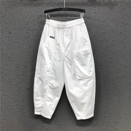 白色休闲老爹裤薄款八分裤女士春夏新款松紧腰宽松阔腿牛仔哈伦裤图片