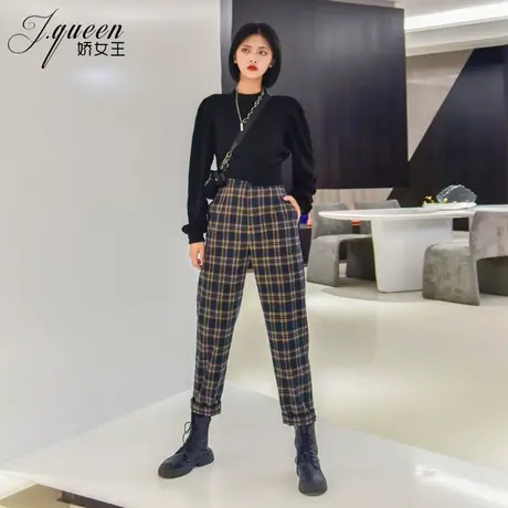 格子哈伦裤女高腰秋季新款复古宽松显瘦休闲裤卷边九分小脚萝卜裤商品大图