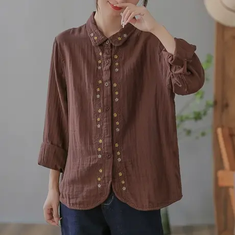 dza 复古翻领绣花白色长袖衬衫女士2023春秋新款纯棉上衣宽松衬衣图片