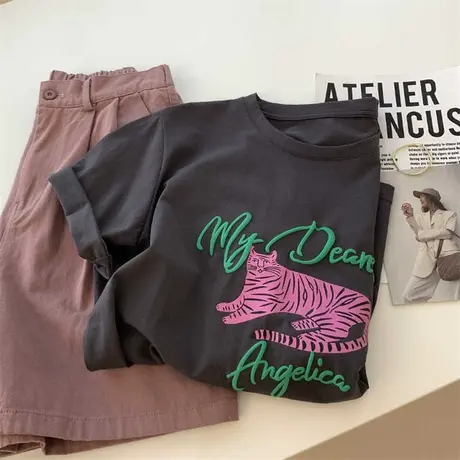 2023夏季新款卡通动物字母印花深灰色圆领短袖T恤女宽松慵懒风潮商品大图