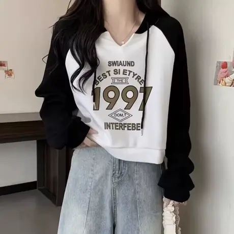 连帽插肩长袖卫衣女春秋季薄款韩版撞色宽松显瘦短款上衣外套潮商品大图