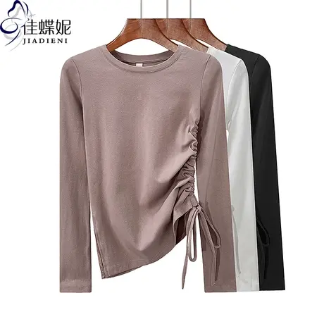 秋冬新款圆领修身纯色纯棉侧开叉纯欲抽绳长袖体恤上衣女打底衫商品大图