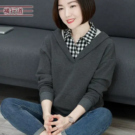 纯棉妈妈中年卫衣女春装宽松长袖连帽假两件全棉格子上衣女装大码图片