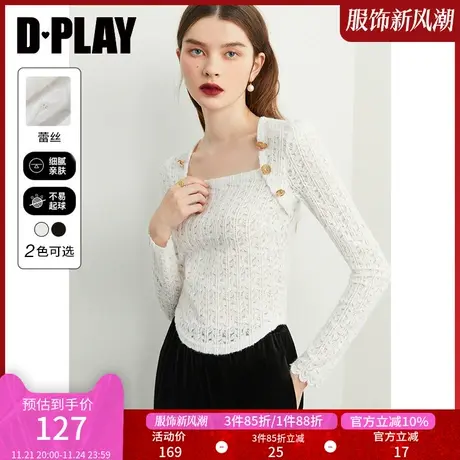 DPLAY秋季法式港风美背方型领袖修身弹力黑色蕾丝打底衫商品大图