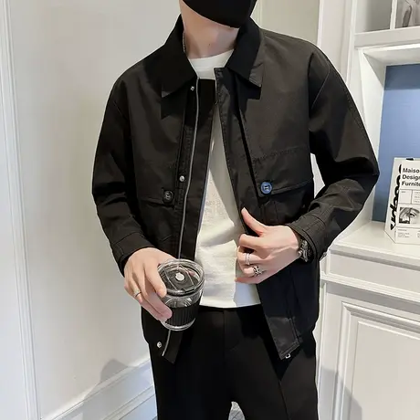 2023春秋季个性纽扣翻领夹克简约百搭休闲外套男士潮流上衣小外套图片