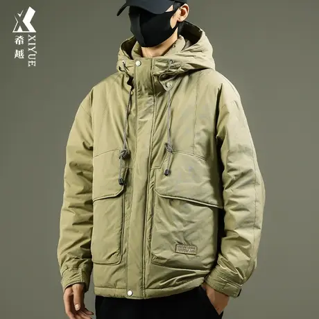 希越90%鸭绒羽绒服男士工装连帽外套宽松大码冬季户外加绒冲锋衣商品大图