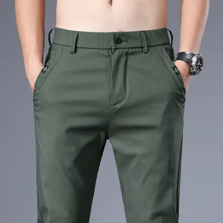 高端冰丝速干夏季薄款休闲裤子男士修身小脚弹力春秋款男裤军绿色商品大图