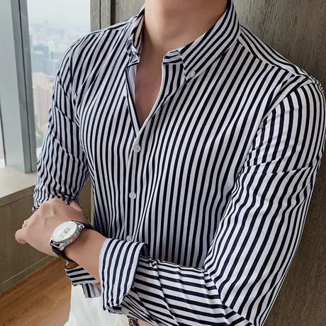 气质英伦风长袖衬衫男商务正装西服打底条纹衬衣男休闲痞帅上衣潮商品大图