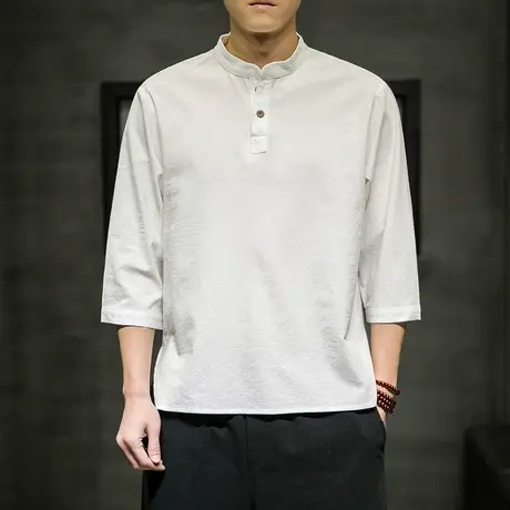 中国风夏季男短袖T恤棉麻复古盘扣衣服立领七分袖小衫半截袖男装图片