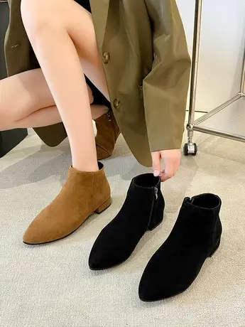 磨砂尖头短靴女及裸靴低跟平底马丁靴2023夏秋新款复古大码单靴子图片