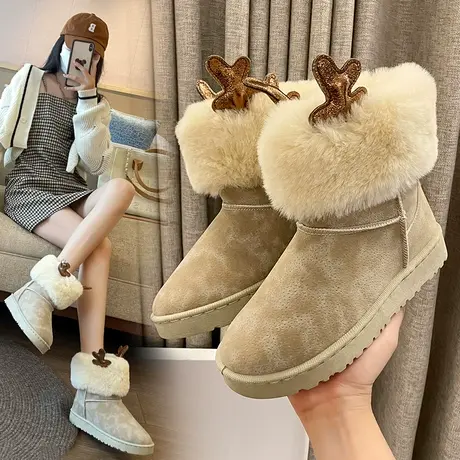 女鞋2023冬季新款保暖可爱麋鹿角雪地靴皮毛一体加绒加厚防水棉鞋图片