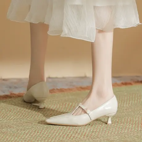 法式仙女风单鞋女细跟2024年夏季新款百搭一字带尖头玛丽珍高跟鞋图片