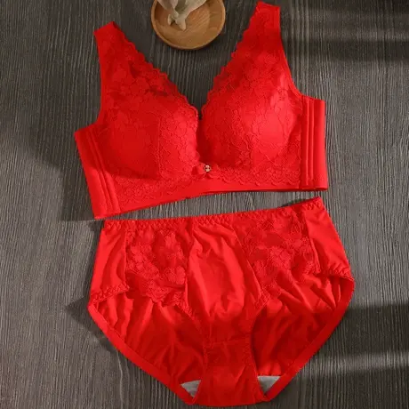 本命年内衣套装女聚拢收副乳背心式蕾丝性感乳胶新娘结婚红色文胸商品大图