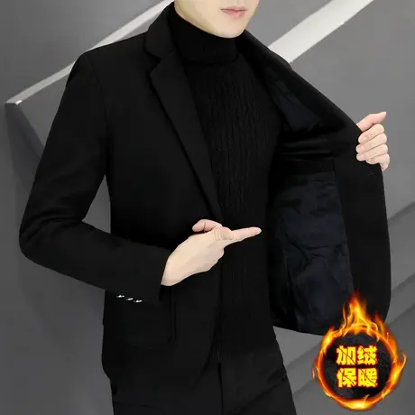 秋冬季加绒加厚西装外套男士时尚商务休闲冬装毛呢子小西服上衣朝商品大图