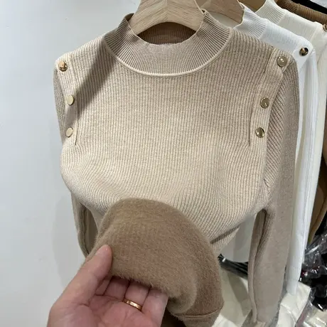 纽扣一体加绒加厚长袖针织衫女上衣2023秋冬新款内搭打底衫毛衣潮图片