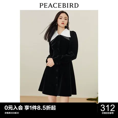 太平鸟法式连衣裙秋冬新款衬衫领长袖黑色连衣裙赫本风气质图片