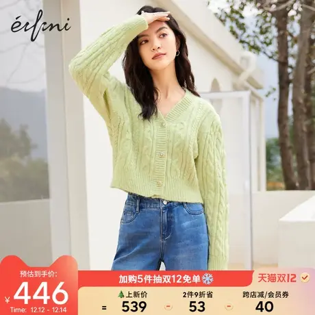 【12.7新品】伊芙丽2021冬季新款V领短款绞花夹花针织开衫外套女商品大图