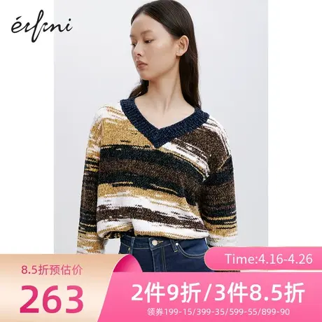 伊芙丽针织衫女21年秋冬新款V领慵懒风撞色个性休闲上衣1B9231801图片
