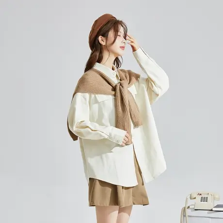 唐狮2023秋冬新款长袖衬衫女两件套上衣披肩复古衬衣宽松休闲12.1图片