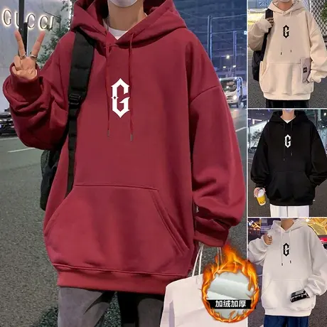 港风复古ins潮流重磅纯棉连帽卫衣男春秋季加绒加厚宽松潮牌外套商品大图