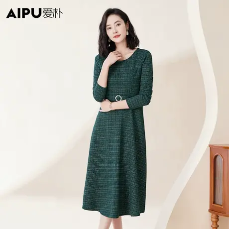 爱朴2023大码女装胖mm气质时尚法式高端圆领通勤显瘦休闲连衣裙图片