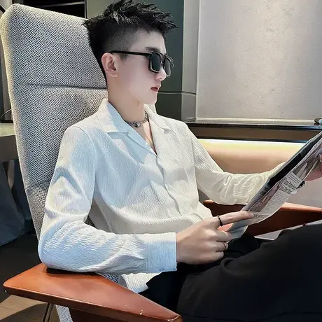 2023春秋纯色长袖衬衫男宽松休闲潮流雅痞上衣发型师衬衣潮牌外套图片