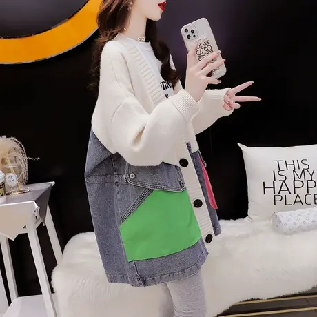 重工牛仔拼接毛衣开衫女2024新款春季洋气百搭宽松设计感针织外套图片