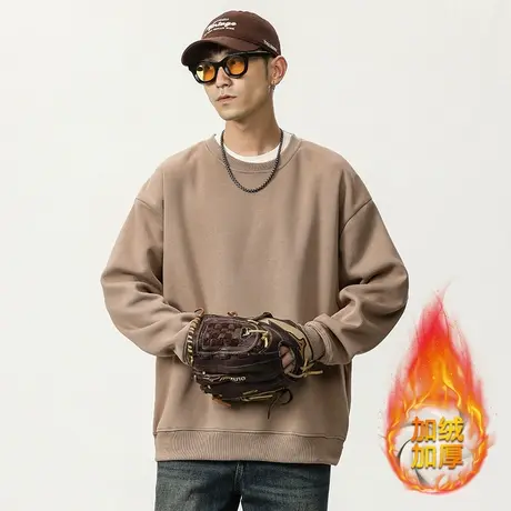 潮牌秋冬季纯色加绒款卫衣青少年潮牌男装长袖百搭男士潮流卫衣图片