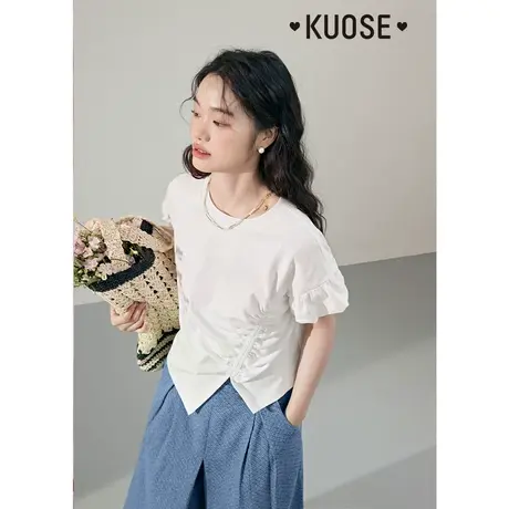 阔色不规则白色修身T恤女2023夏季小衫新款显瘦短款开叉短袖上衣图片