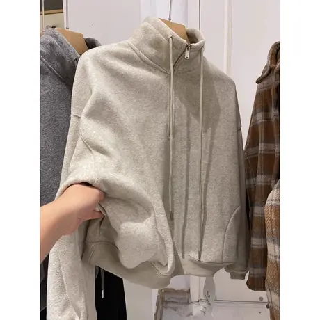 加绒加厚半拉链立领卫衣女冬季德绒宽松保暖oversize学生上衣外套商品大图